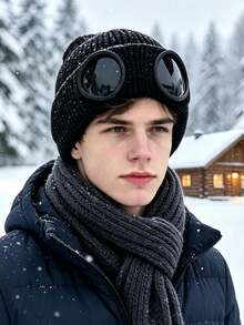 1pc Knitted Aviator Eye Warm Safety Hat, Goggles Style, Autumn/Winter Versatile Cold Weather Windproof Hat For Men - Multicolor - View 1
