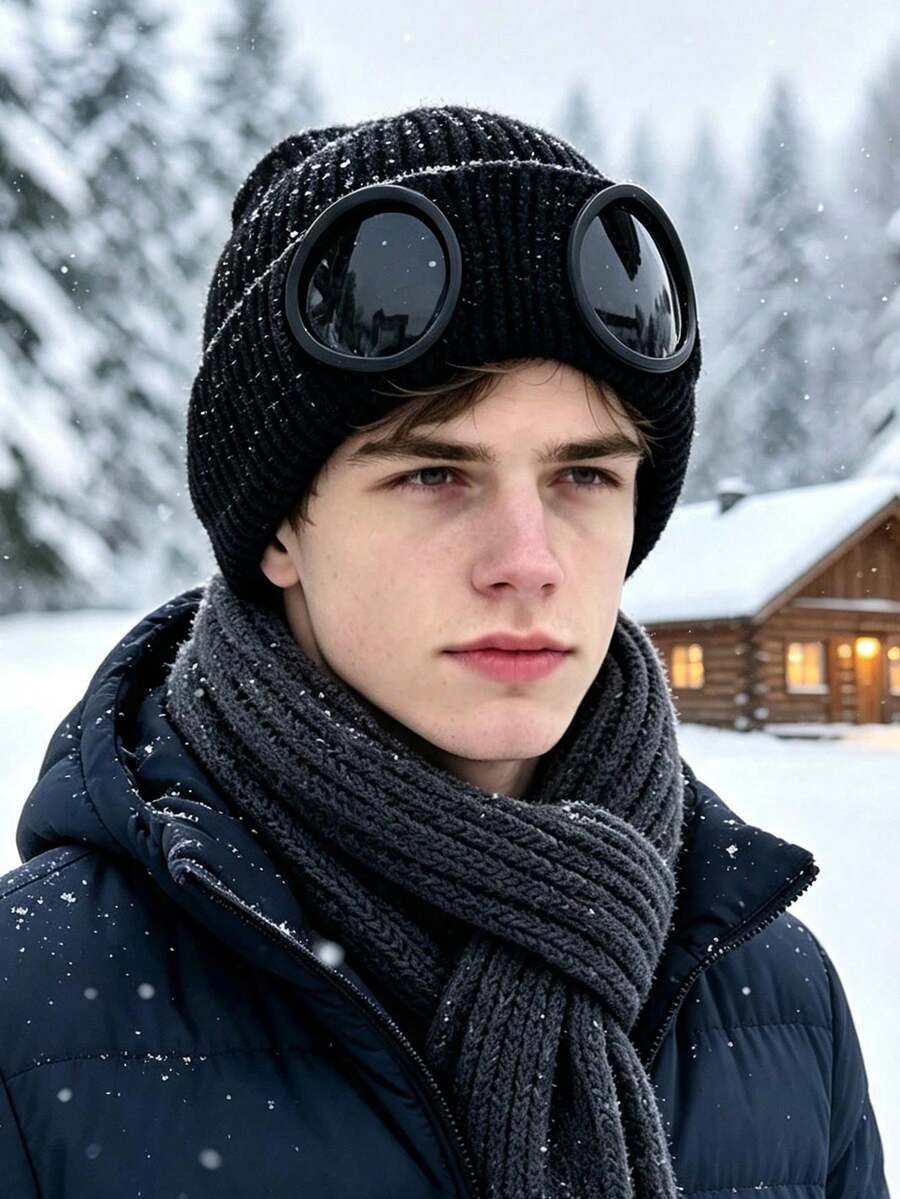 1pc Knitted Aviator Eye Warm Safety Hat, Goggles Style, Autumn/Winter Versatile Cold Weather Windproof Hat For Men - Multicolor - View 1