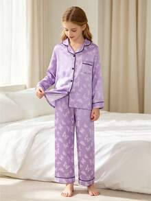2pcs Tween Girl Purple Butterfly Print Long Sleeve Pajama Set - Multicolor - View 4