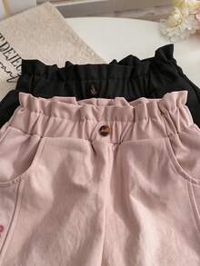 2件組女童花卉刺繡休閒長褲，春夏/秋冬新款幼兒女寶度假長褲，鬆緊腰頭 - 西瓜粉 - 查看 3