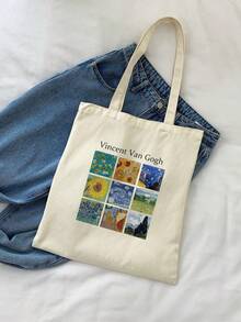 1 pieza Bolso de lona con estampado de parche de pintura al óleo de moda negro para mujer, bolso de compras portátil, adecuado para adolescentes, mujeres, estudiantes universitarios, perfect - Beis - Ver 1