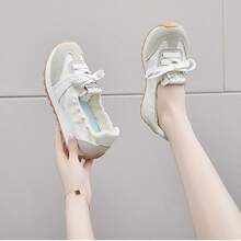 1 Pair Women's Colorful Patchwork Multi-Functional Sports Casual White Sneakers, Round Toe Outdoor Lace-Up Spring Autumn Canvas Panel Shoes - Beige - View 8