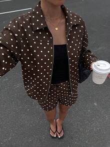 abyoxi Ensemble 2 pièces femme veste courte zippée à col revers manches longues à pois marron & blanc et mini short taille haute, vintage, décontracté, rendez-vous, rentrée scolaire, sortie, trajet quotidien, tenue automne/hiver - Pois marron - Voir 5