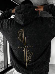 Men's Washed Distressed Hoodie BALANCE Brain & Heart Print Kangaroo Pocket Drawstring Hooded Sweatshirt - Black - View 1