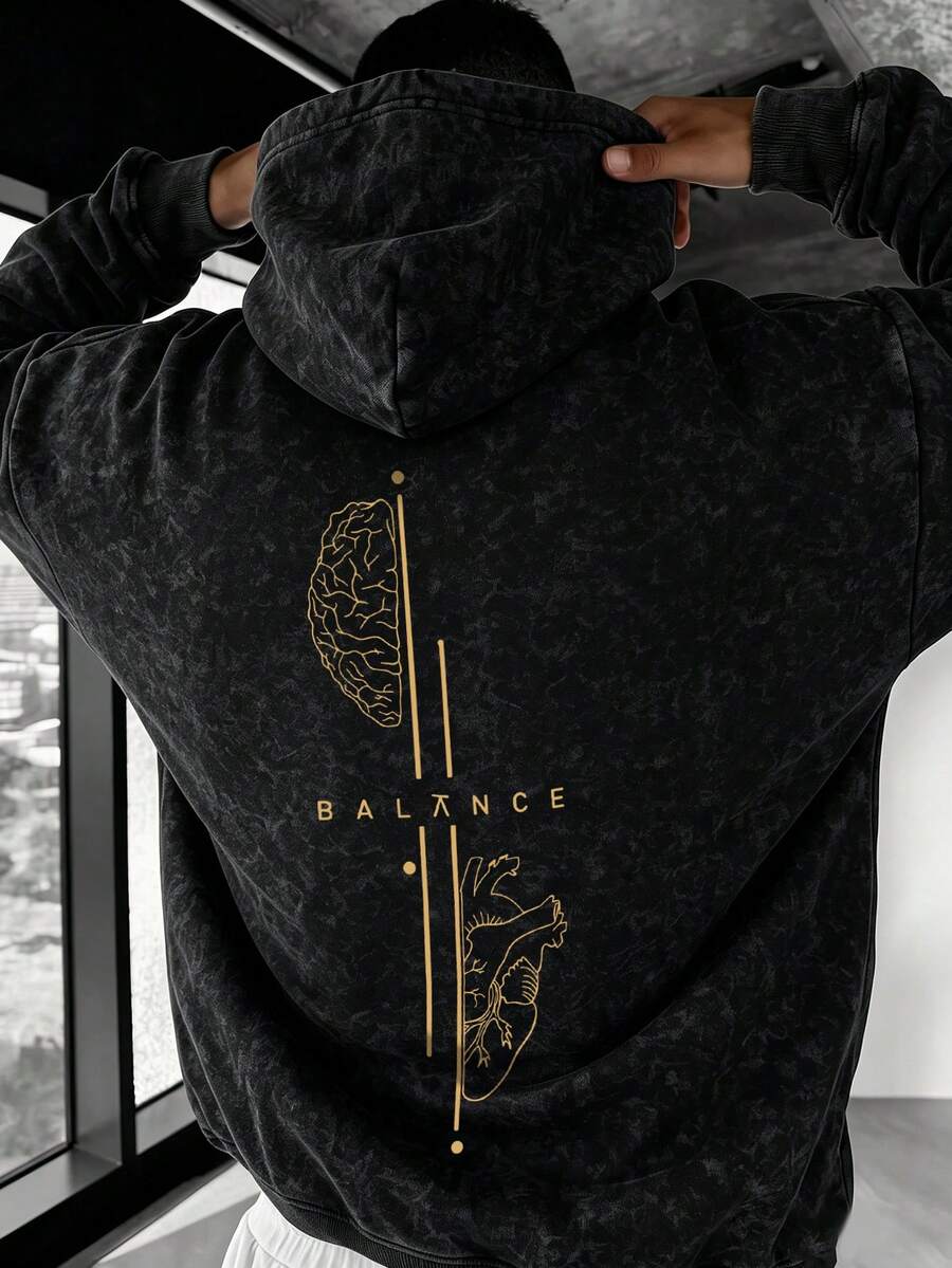 Men's Washed Distressed Hoodie BALANCE Brain & Heart Print Kangaroo Pocket Drawstring Hooded Sweatshirt - Black - View 1