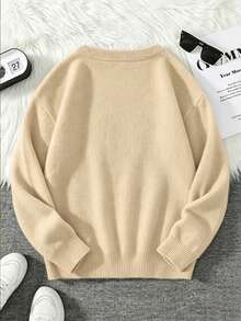 Women's Plus Size Knitted Sweater, Bear Pattern, Long Sleeve Round Neck Regular Fit, Ideal Choice For Autumn Outfit - Apricot - View 2