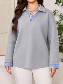 Sweater Longgar Kasual Ukuran Plus Wanita, Kerah Blok Warna Bergaris - Grey - View 3