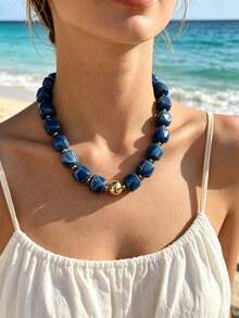 Women's Summer Beach Square Beaded Necklace, Large Square Acrylic Bead Necklace, Fashionable Personalized Beaded Necklace - Multicolor - View 4
