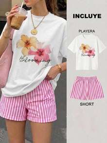 2 Playera Blanca con Short Rayas Rosa con Blanco