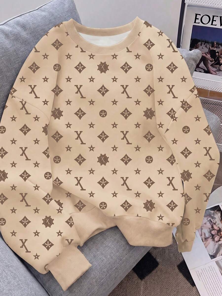 1pc Boys' Casual Vacation Fashion Luxury Brand All-Over Print Loose Fit Comfortable Crew Neck Long Sleeve Sweatshirt, Autumn/Winter - Khaki - View 1