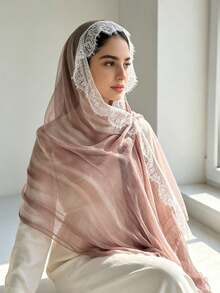 1PC Pleated Chiffon Headscarf With Eyelash Lace Trim, Gradient Dusty Pink Lightweight Semi-Sheer Muslim Women's Hijab, Elegant Lace Edge Shawl, Suitable For Daily Wear And Occasions - Dusty Pink - View 2