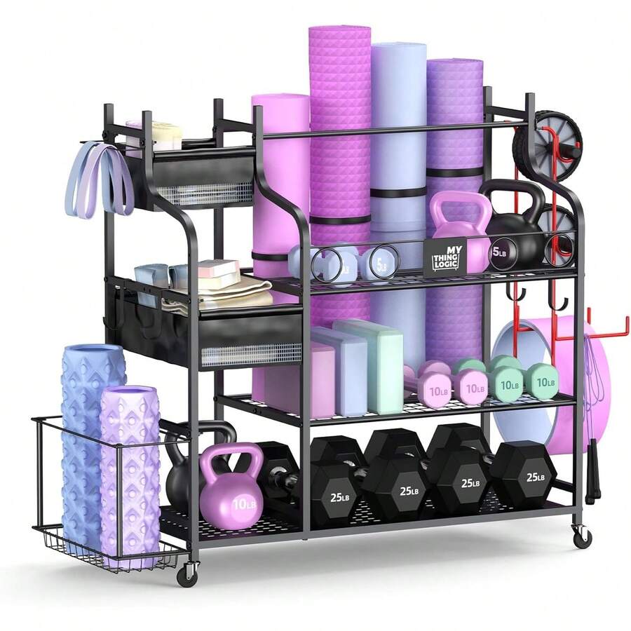 Home Gym Storage Rack With Wheels For Dumbbells Kettlebells Yoga Mats Foam Rollers And Exercise Gear Heavy Duty Workout Equipment Organizer Trolley Shelf Cart Black - Black - View 1