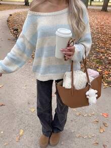 Women Blue White Striped Cold Shoulder Knit Pullover Ribbed Loose Long Sleeve Basic Sweater Autumn Back To School Outfit For Daily Commute Date Wear - Beige - View 3