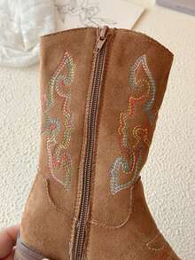 Girls' Embroidered Western Cowboy Boots, Vintage Mid-Calf Side Zipper Chunky Heel Princess Boots, Children's Performance Boots - Brown - View 6