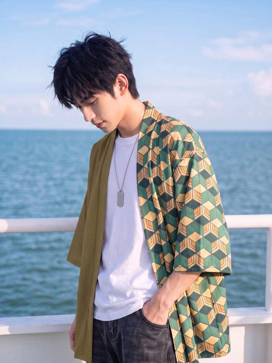 時尚百搭男士休閒和服開襟襯衫，幾何數位印花，前開襟設計，輕量聚酯纖維，四季皆宜，動漫迷必備，透氣外套，聚酯纖維和服，Cosplay