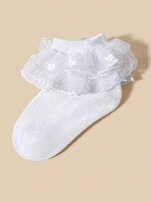 1/5 Pairs Spring/Summer Baby & Toddler Socks, Delicate Heart Embroidery, White Fluffy Ruffle Princess Socks/Double Layer Lace Fairy Style, Minimalist Fashionable Elegant Casual Versatile Princess Style Dance Socks, Skin-Friendly Soft Comfortable Sweat-Absorbent Breathable Short Socks, Suitable For Holiday Gifts/Back To School Outfits/Party Gatherings/Travel/Daily Wear/Wedding Season Outfits - White - View 5