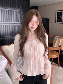 Casual Versatile Solid Color Lace-Up Long Sleeve Shirt Pink Summer - Pink - View 2