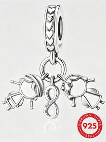 HuooNew 1pc S925 Sterling Silver Sister Portrait Infinity Symbol Pendant, Heart Pattern Engraved DIY Bracelet Large Hole Bead Accessory - Silver - View 1