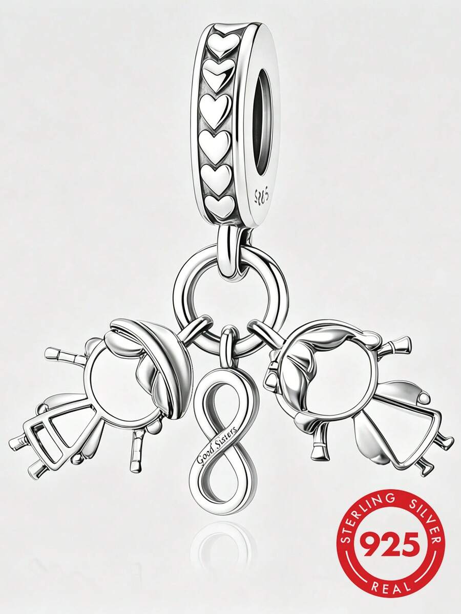 HuooNew 1pc S925 Sterling Silver Sister Portrait Infinity Symbol Pendant, Heart Pattern Engraved DIY Bracelet Large Hole Bead Accessory - Silver - View 1