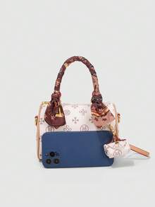 Women Mini Boston Bag Vintage Monogram PU Silk Scarf Decor Detachable Crossbody Strap Pendant Handheld Shoulder Bag Daily Travel - White - View 5