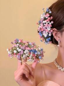 1pc Colorful Starry Sky Hair Pin, New Chinese Style Forest Floral Hair Comb Bun Accessory, Vintage Floral Hair Ornament, Suitable For Wedding Party - Multicolor - View 1