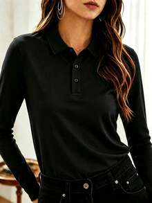 女款長袖 Polo 衫，休閒運動上衣，純色輕量 T-shirt，適合秋季戶外日常休閒穿著，黑色 - 黑色 - 查看 2