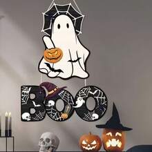 2pcs Halloween Wooden Sign Set, Boo Wall Sign With Hat, Ghost Wooden Sign With Pumpkin, Bat Spider Wooden Decor, Horror Theme Party Wall Decoration, Suitable For Home Office Yard Farmhouse Porch Decoration - Multicolor - View 1