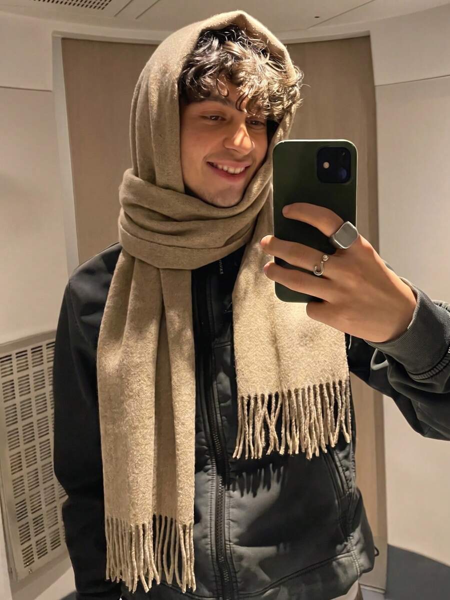 1件秋冬時尚優雅純色羊毛保暖披肩圍巾,中性休閒防寒流蘇披肩,適合情侶日常穿著 - 麻卡 - 查看 1