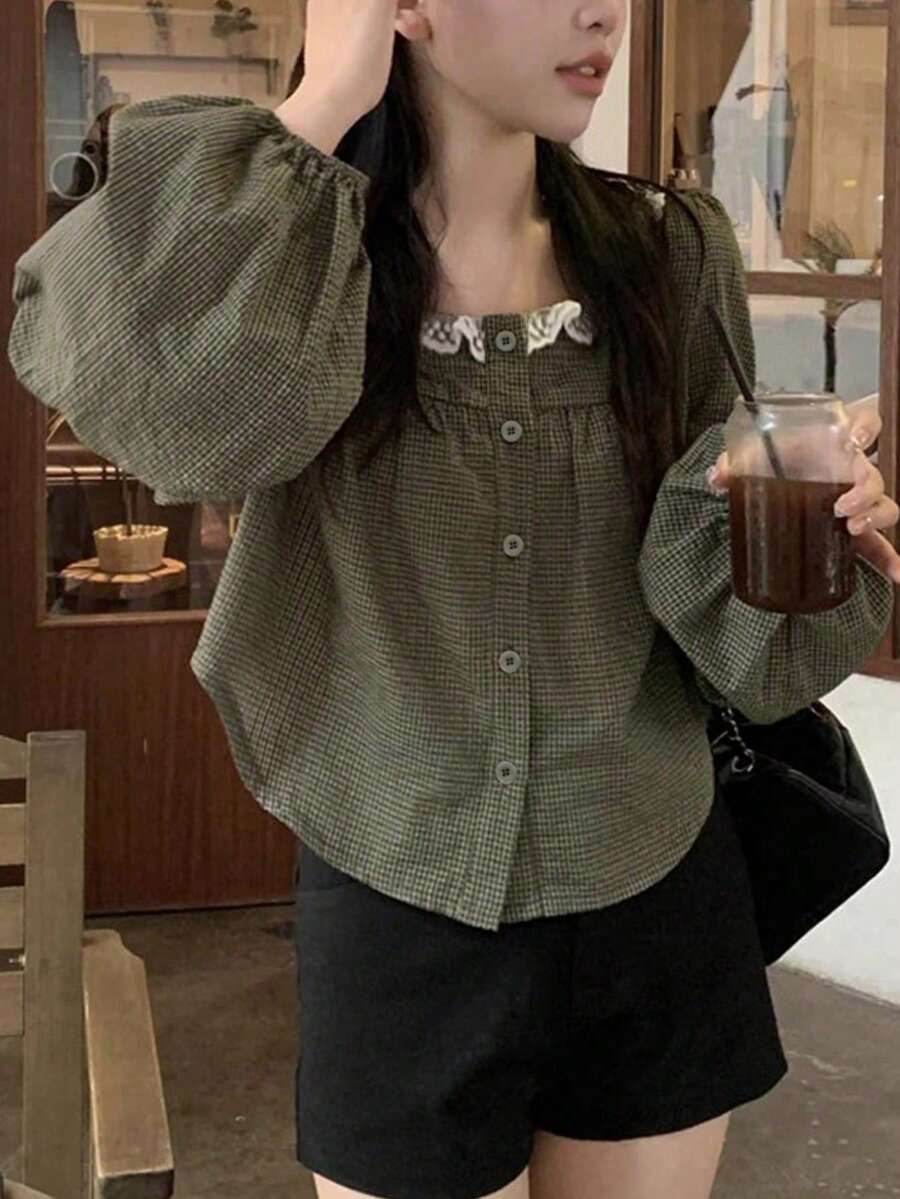 YCYC Spring/Summer Chic Vintage Plaid Square Neck Long Sleeve Blouse, Slouchy Sweet Youthful Unique Top For Women - Multicolor - View 1