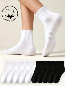 1/5/10/20 Pairs Of Women's Crew Cotton Socks,White/Black,Cute,Girls' Socks,Autumn/Winter/Spring/Summer,Soft,Random Color For Sports/Daily - Multicolor - View 1