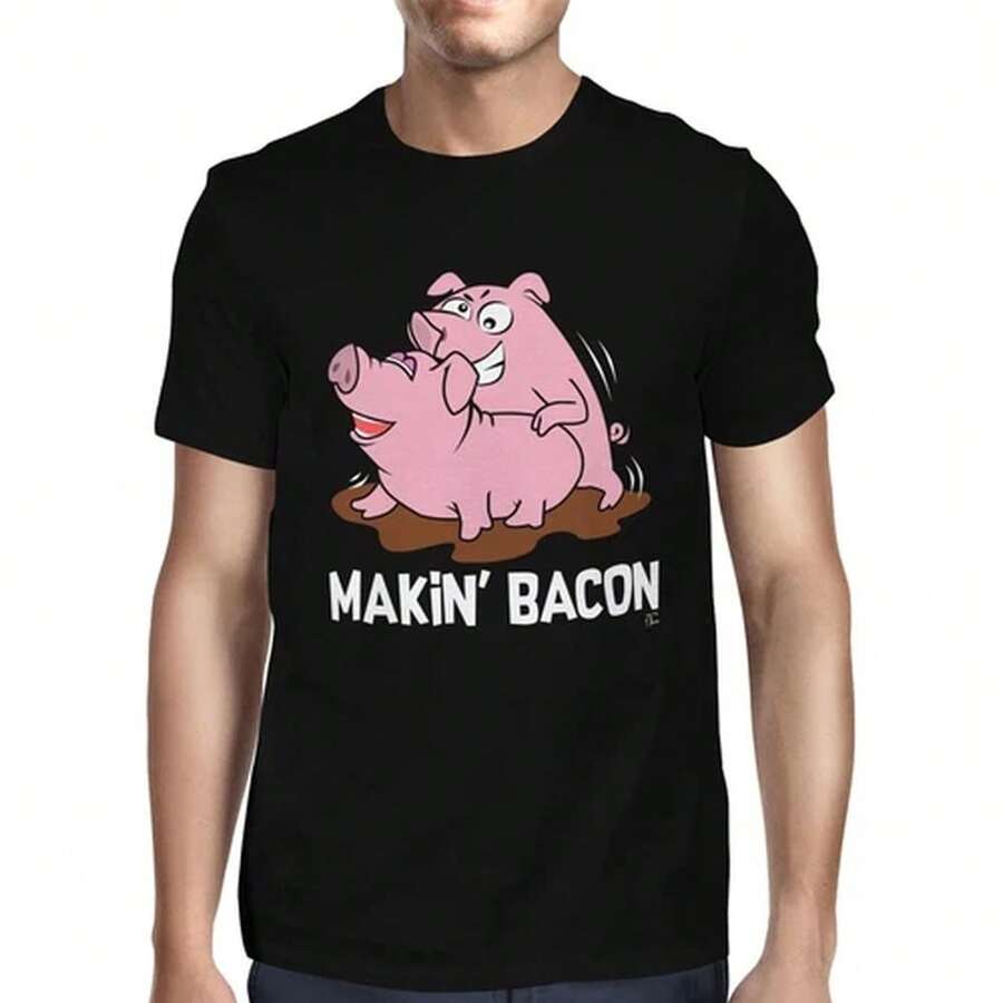 Unisex Adult T-Shirt1Tee Mens Makin Bacon Pig T-Shirt - 黑色 - 查看 1