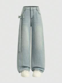Teen Girls Bow Ribbon Straight Leg Jeans, Light Blue Washed, Loose Wide Leg Fit, Button Waist Snug Fit Concealing, Side Bow Decor Design, Casual Versatile, Commute Long Pants - Blue - View 2