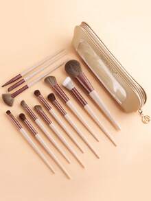 ronshadow 12pcs Professional Makeup Brush Set In Apricot Coffee Color, Multi-Specification Set With Powder Brush, Fan-Shaped Highlighter Brush, Angled Contour Brush, Detail Eyeshadow Brush, Makeup Sponge And Puff Set, With Bag, Full Face And Eye Makeup Brushes For Home Use - Apricot - View 2