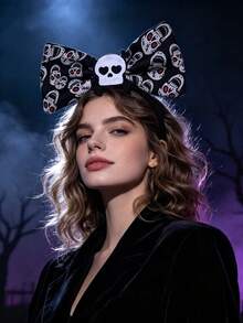 1pc Halloween Skull Print Bow Headband, Party Costume Hair Accessory, Vintage Halloween Decor Gift - Multicolor - View 3