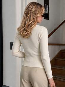 NOVELLE Women Fall Winter White Diagonal Button Long Sleeve Knit Sweater, Elegant Casual One‑Shoulder Top For Daily Commute, Street Outing Date Party - White - View 6