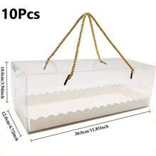 5/10/20pcs 10.8 Inch Transparent Cake Roll Boxes With Gold Rope Handles And Cake Base, Clear Plastic Gift Boxes For Home Baking, Portable Sliced Cake Storage Boxes, Suitable For Christmas Holidays - Multicolor - View 13