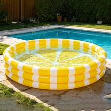Inflatable Lemon Pattern Round Pool, 3-Ring PVC Wading Pool For Garden And Outdoor, Yellow And White, 147 X 33 Cm, 330 L Capacity - A - 查看 4