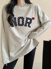 女款時尚秋冬純棉寬鬆百搭字母與卡通印花長袖T恤 - 淺花灰 - 查看 5