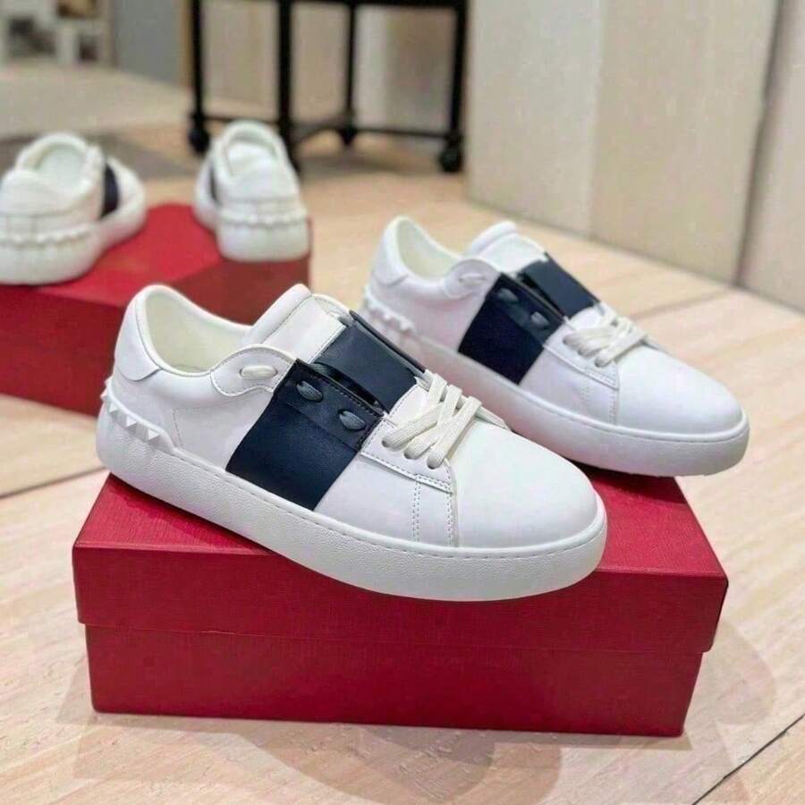 VL Rivet White Leather Sneakers, Plus Size Pair-Skateshoes In Stock, Platform High-Top Shoes, Lightweight Contrast-Color Sports Shoes - 深藍 - 查看 1