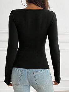 Women's Y2K Autumn Casual Sexy Solid Color Lace Contrast Slim Fit Long Sleeve V-Neck Top Suitable For Home Daily Commute Wear Going Out Back To School - Black - View 3