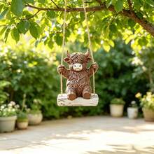 1pc Scottish Highland Cow Hanging Swing Resin Ornament, Indoor Home Desktop, Garden Yard Tree Hanging Decor Craft - High-altitude Swing Cow - View 9