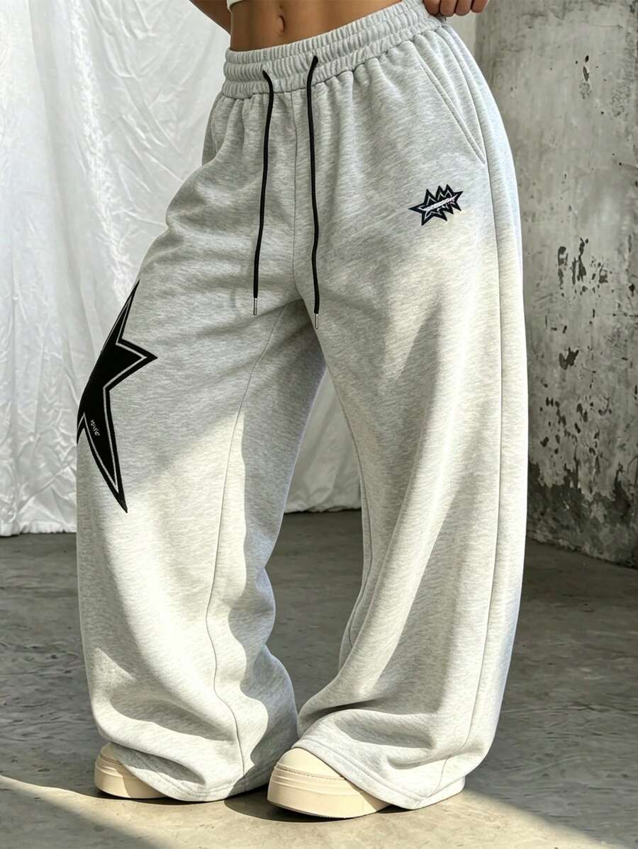 Grey Star Print Wide Leg Sweatpants Women's Drawstring Loose Slimming Straight Leg Pants Streetwear Casual Long Pants - Grey - View 1