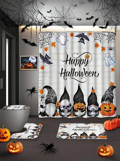 1/4pcs Halloween Horror Ghost Skeleton Pumpkin Shower Curtain Set, With 12 Hooks Waterproof Polyester Bath Curtain, Bathroom Curtain, Privacy, Thickened, Durable Quick Dry, 180*180cm Size, Halloween Thanksgiving Autumn Harvest Bathroom Decor