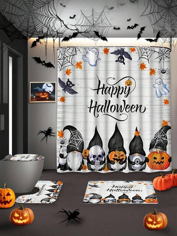1/4 Peças Conjunto de Cortina de Chuveiro de Terror de Halloween com Fantasma, Esqueleto e Abóbora, com 12 Ganchos, Cortina de Banho de Poliéster Impermeável, Cortina de Banheiro, Privacidade, Reforçada, Durável e Secagem Rápida, Tamanho 180*180cm, Decoração de Banheiro de Halloween, Ação de Graças e Colheita de Outono