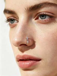 1pc L-Shaped Gold Rhinestone Flower Nose Ring/Stud, Valentine's Day & Mother's Day Gift - Gold - View 7
