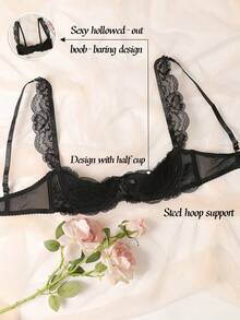 1 pieza Bralette con encaje y decoración de lazo - Negro - Ver 2