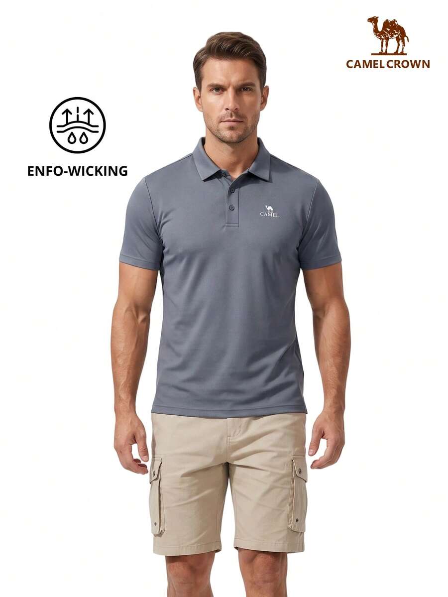 CAMEL CROWN 男士速干Polo衫,短袖户外速干休闲运动Polo衫,适合春夏穿着 - 礁石藍 - 查看 1