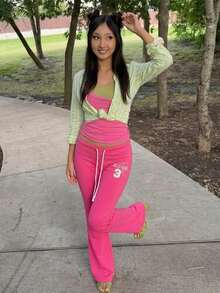 Womens Flare Sweatpants Drawstring Elastic Waist Bootcut Pants Trousers - Hot Pink - View 2