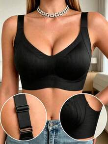 Seamless Wireless Side Support Bra, Super Soft & Breathable Fabric, Comfortable For Daily Wear, For Women - Black - View 9