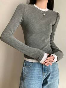 Early Autumn Korean Style Japanese Color Block 2 In 1 Slim Fit Round Neck Long Sleeve Inner Layer T-Shirt Top For Women - Grey - View 7